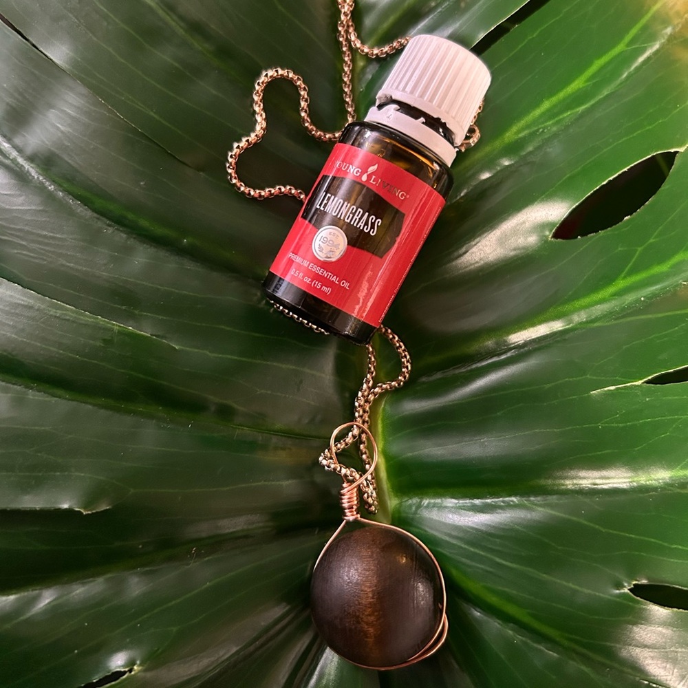 lemongrass infused oil wire wrapped rose gold wood pendant sphere necklace
